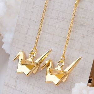 Gold Origami Peace Crane Long Dangle Pierced Earrings